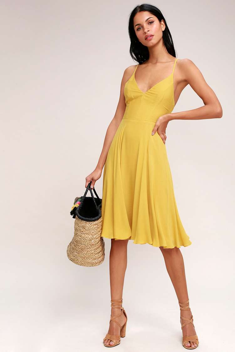 Chic Midi Dress - Mustard Yellow Dress - Lace-Up Dress - Lulus