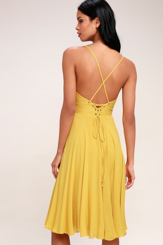 Chic Midi Dress - Mustard Yellow Dress - Lace-Up Dress