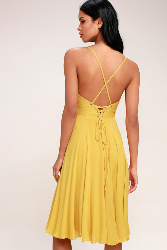 Chic Midi Dress Mustard Yellow Dress LaceUp Dress