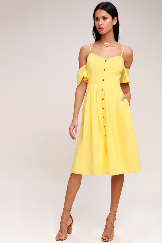 yellow off shoulder midi dress