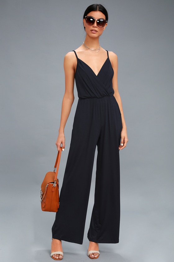 Navy Blue Jumpsuit - Sleeveless Jumpsuit - Surplice Jumpsuit - Lulus