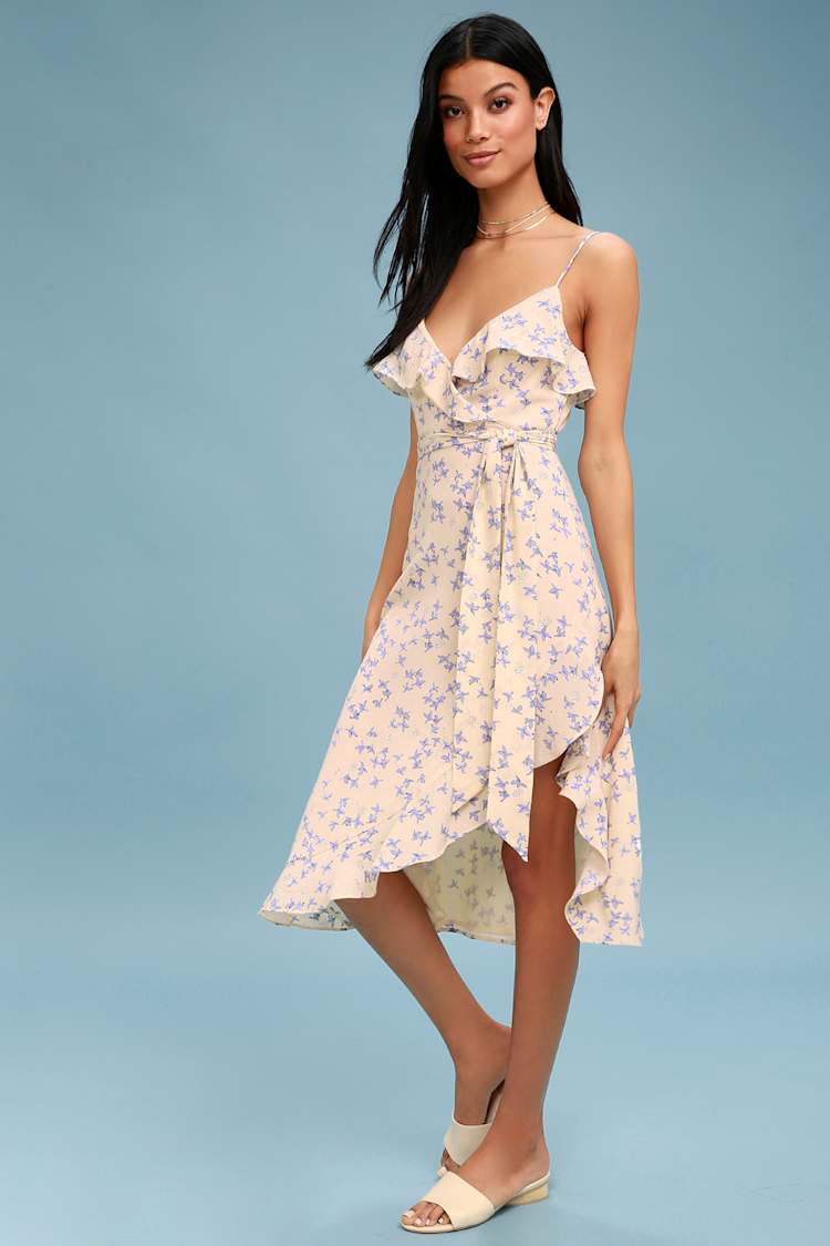 Lovely Nude Floral Print Dress - Midi Dress - Ruffled Dress - Lulus