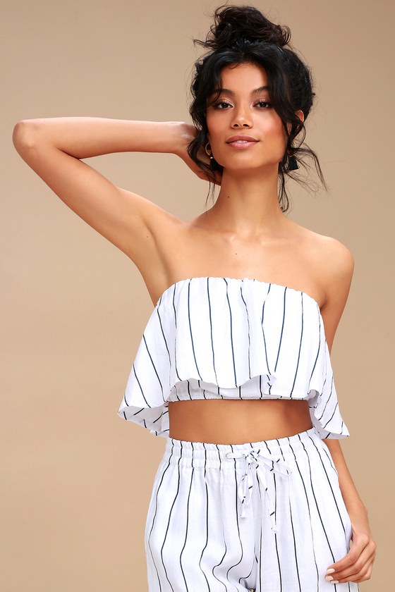 Mala Navy Blue and White Striped Strapless Crop Top