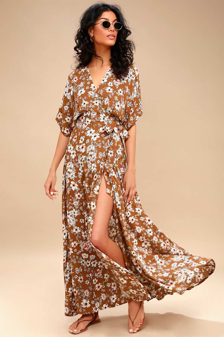 Bergamo Brown Floral Print Wrap Maxi Dress