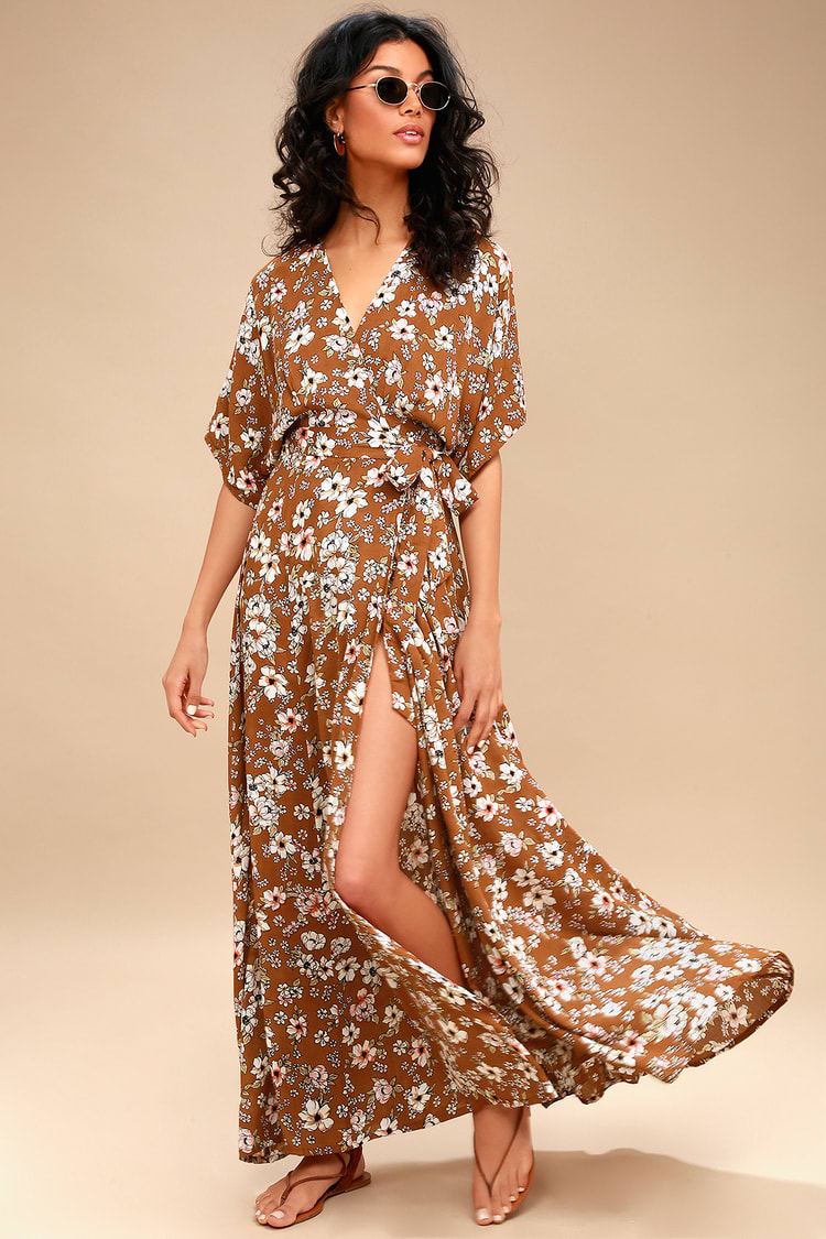 Bergamo Brown Floral Print Wrap Maxi Dress