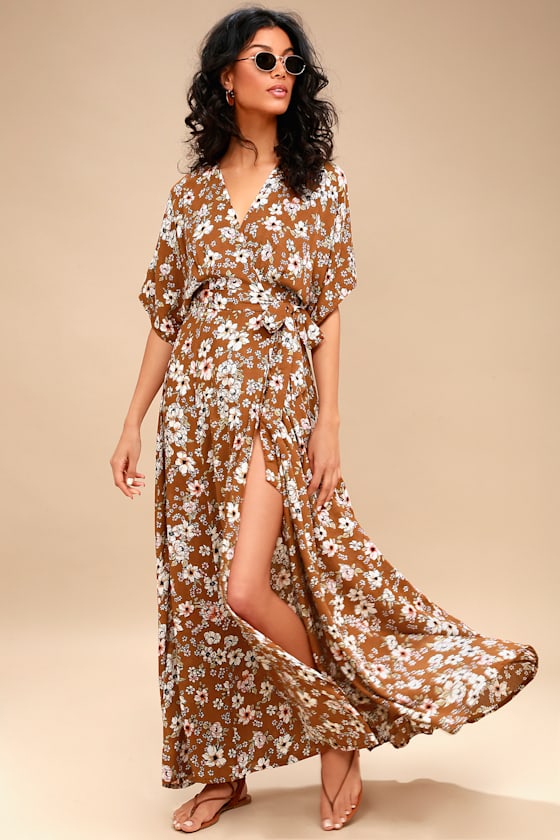 Bergamo Brown Floral Print Wrap Maxi Dress 1