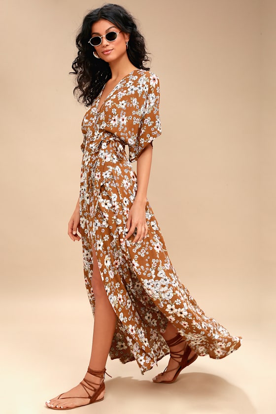 Bergamo Brown Floral Print Wrap Maxi Dress 2