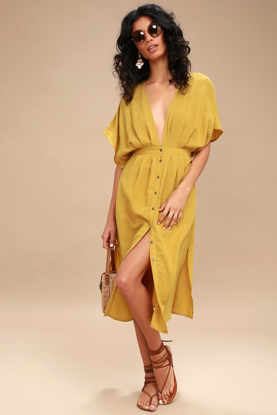 yellow button midi dress