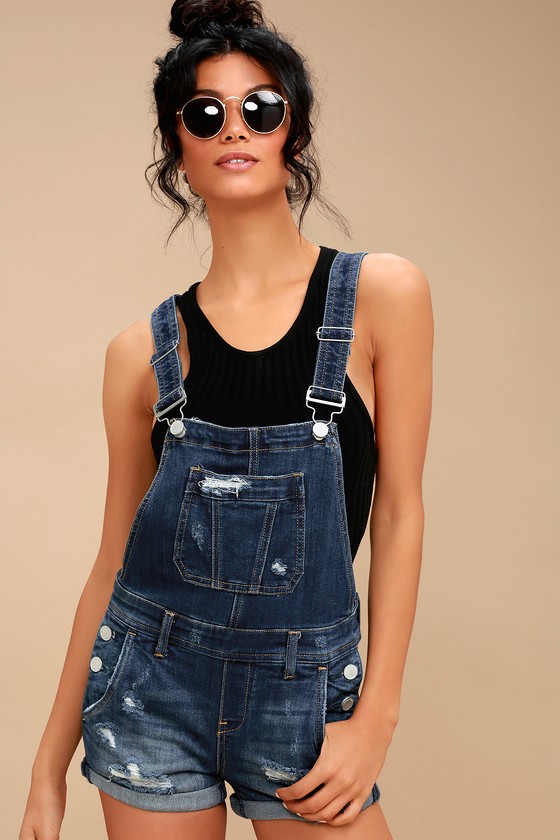 distressed denim short overalls