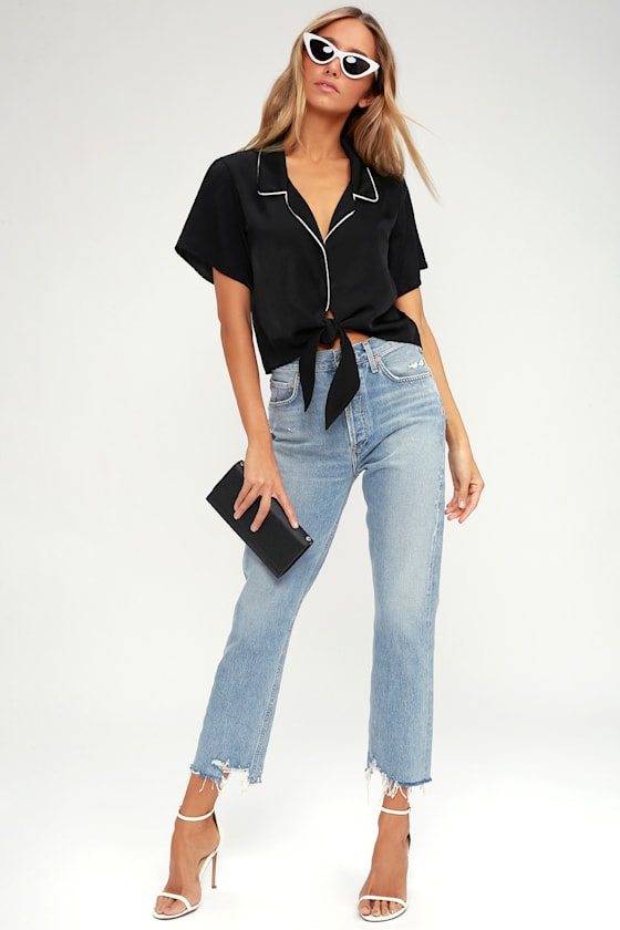 Brunch Date Black Tie-Front Button-Up Top 2