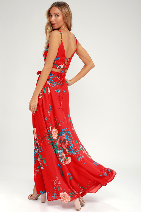 BLOOM WITH A VIEW RED TWO-PIECE MAXI DRESS LULUS