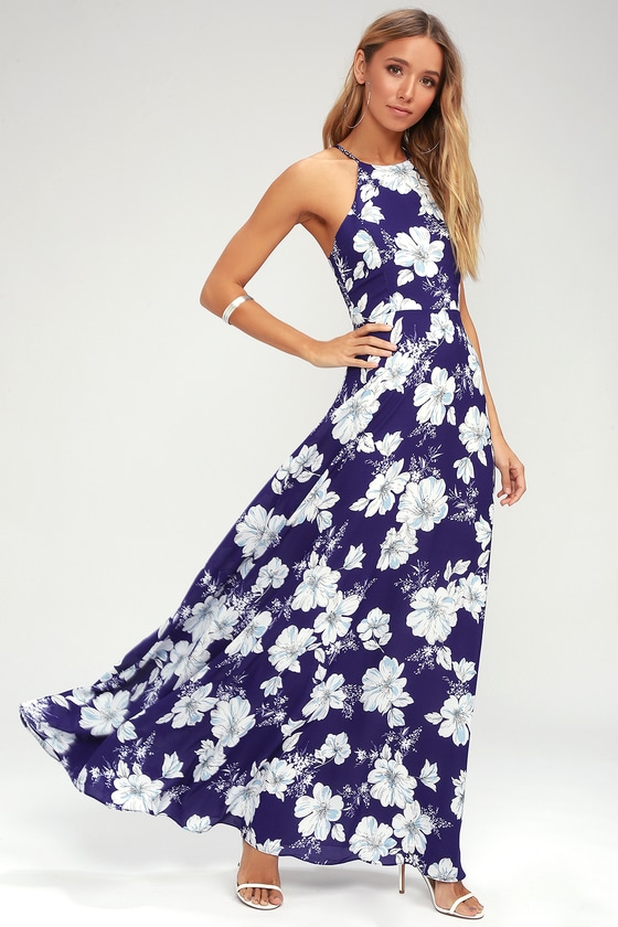 only in dreams navy blue floral print maxi dress