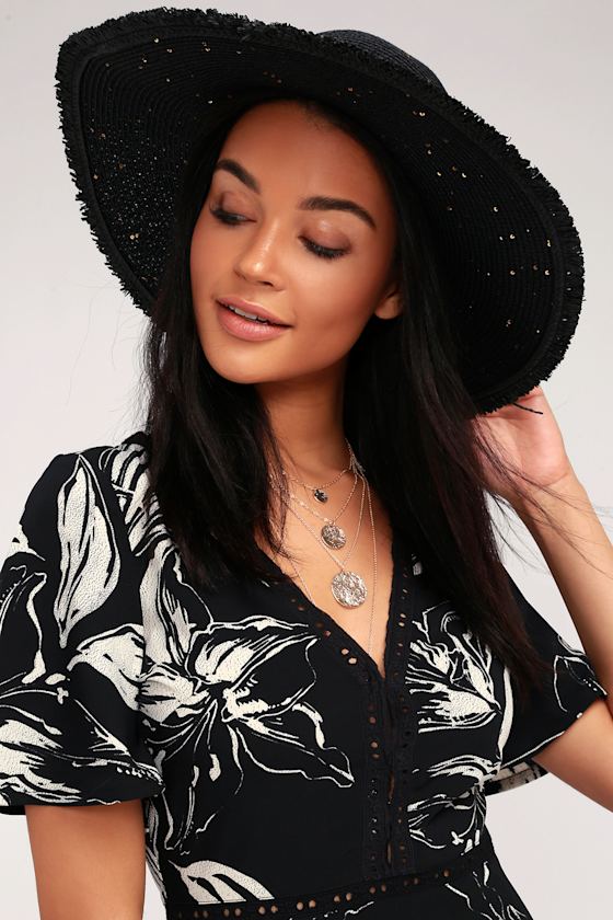 Punta Mita Black Sequin Floppy Straw Hat 1