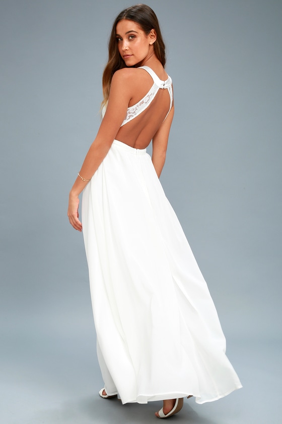 white lace backless maxi dress