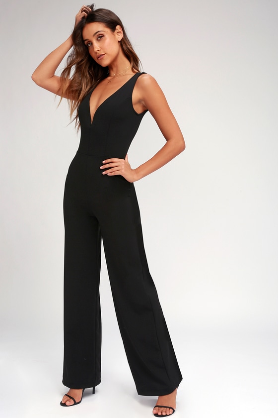 Chic Black Jumpsuit - Wide-Leg Jumpsuit - Plunge Jumpsuit - Lulus