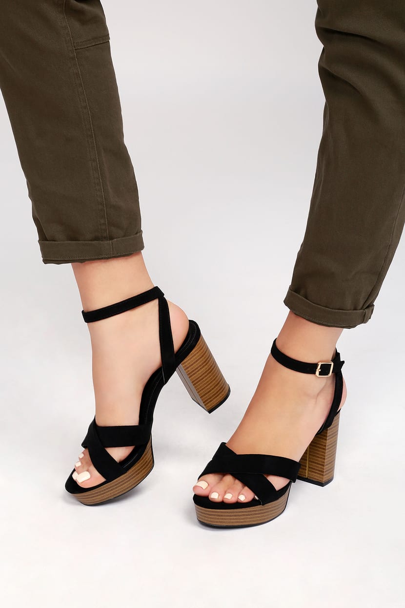 Lulus | Darryian Black Suede Ankle Strap Sandal Heels | Size 7.5 | Vegan Friendly