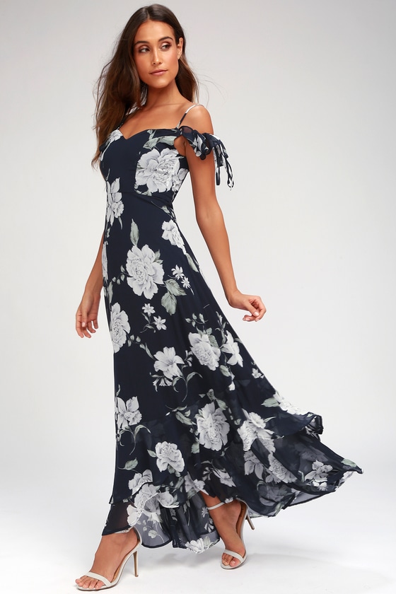 Navy Blue Floral Print Dress - Off-the-Shoulder Maxi Dress - Lulus