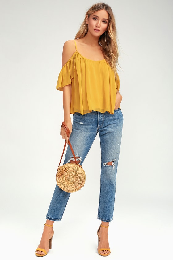 Lovely Golden Yellow Top - Off-The-Shoulder Top - Cold Shoulder Top ...