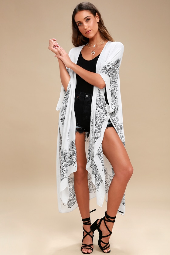 Cool Grey Kimono - Print Kimono Top - Lightweight Kimono - Lulus