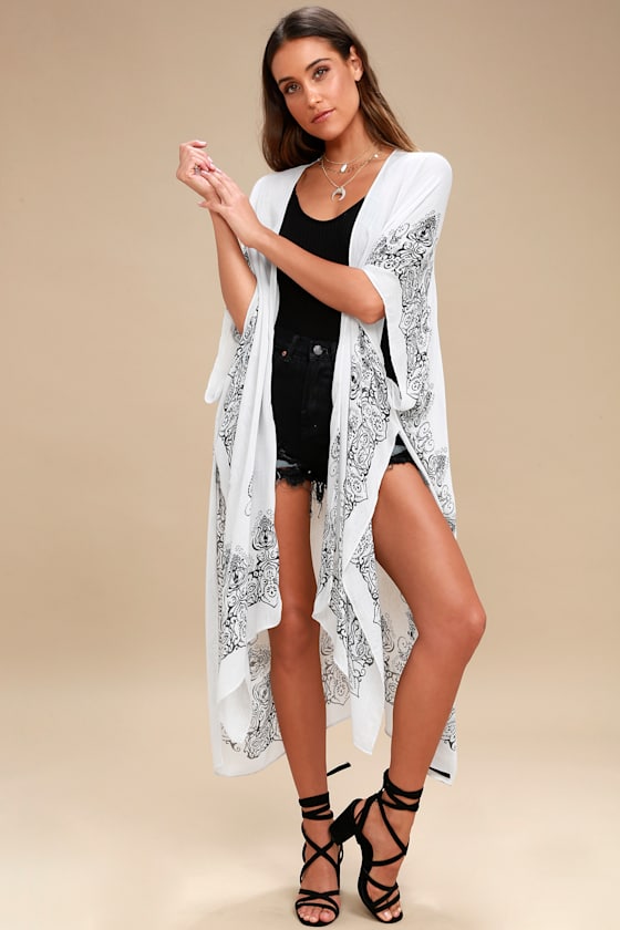 Cool Grey Kimono - Print Kimono Top - Lightweight Kimono - Lulus