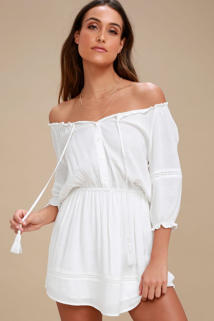 White Boho Dress Off-the-Shoulder Dress - White -