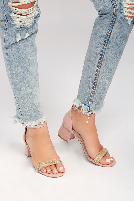 blush suede ankle strap heels