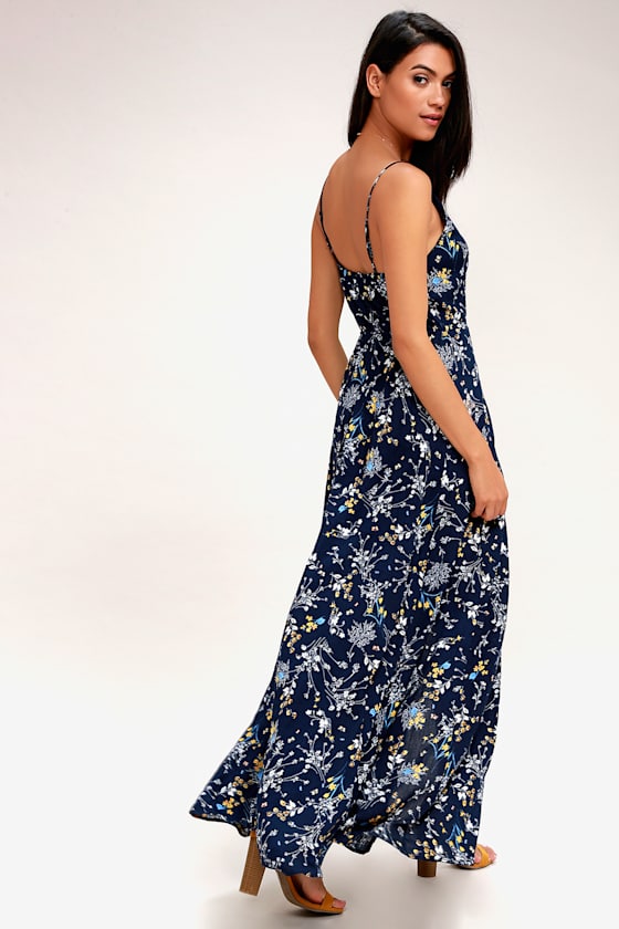 Navy Blue Floral Print Dress - Wrap Dress - Maxi Dress - Lulus