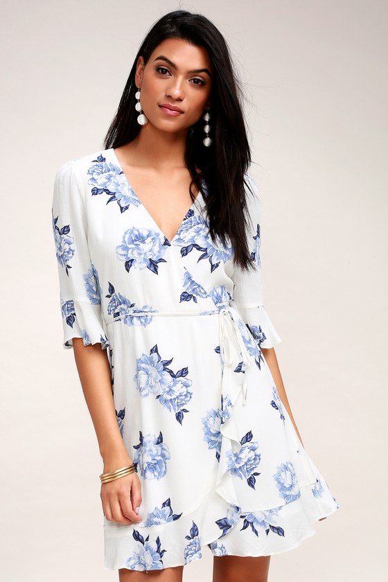 white dress with blue floral print