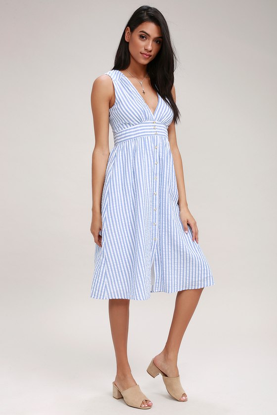 Cute Blue and White Striped Dress - Button-Front Midi Dress