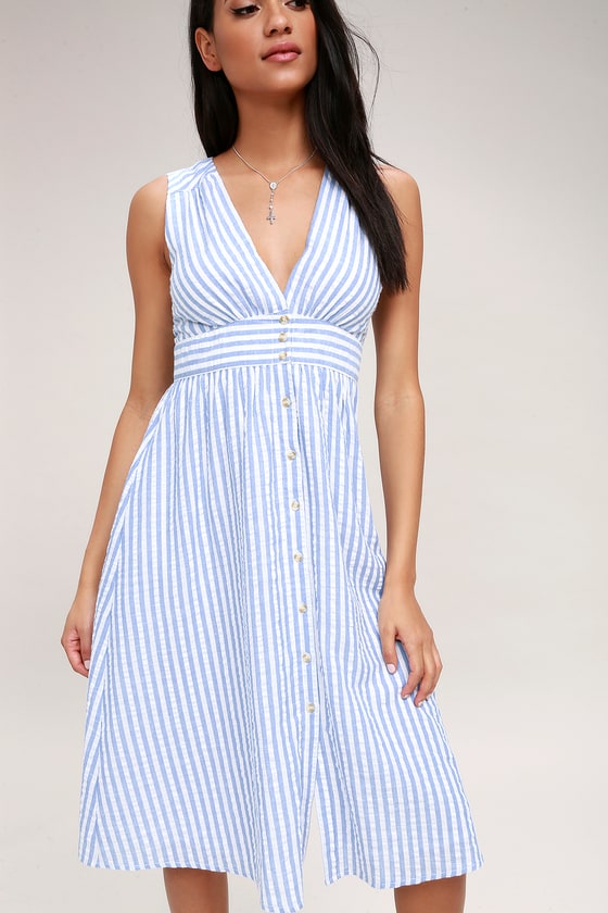 Cute Blue and White Striped Dress - Button-Front Midi Dress