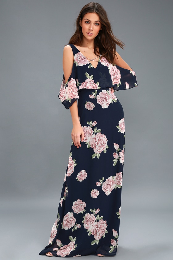 Lovely Navy Blue Floral Print Dress - Off-the-Shoulder Maxi - Lulus