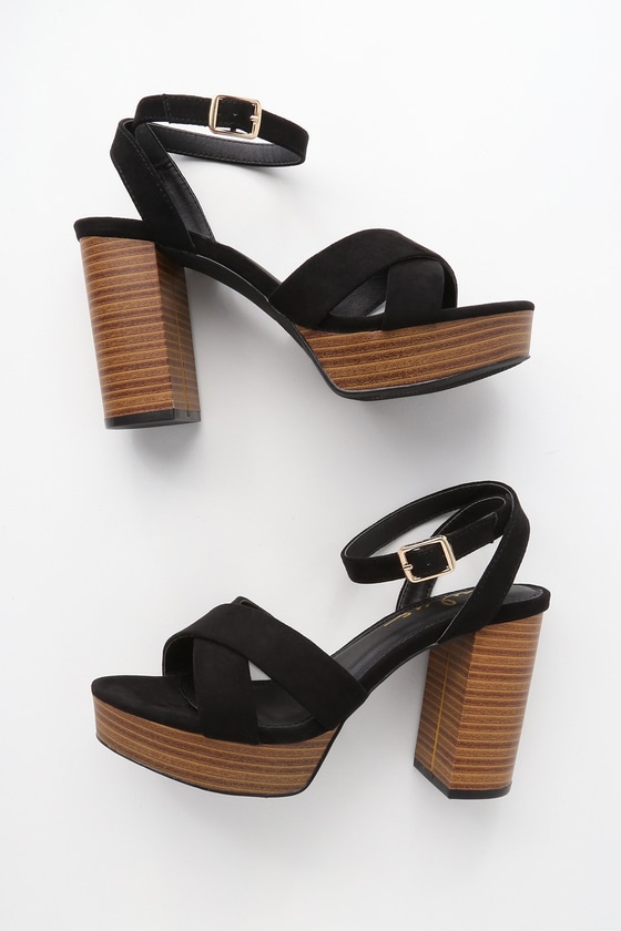 black suedette strappy platform block heels