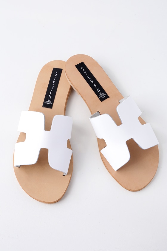 Steven by Steve Madden Greece - White Leather Slide Sandals