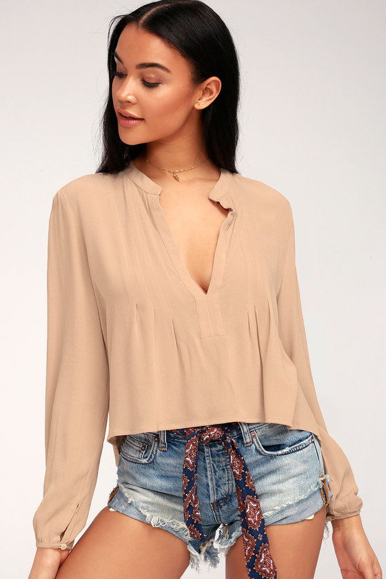 Lovely Nude Top - Long Sleeve Top - V-Neck Top - Lulus