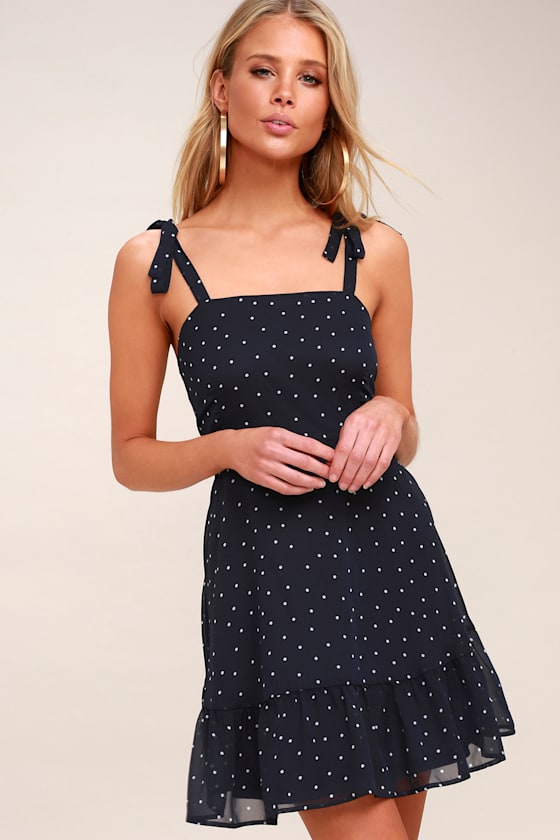 Cute Navy Blue and White Polka Dot Dress TieStrap Dress Lulus