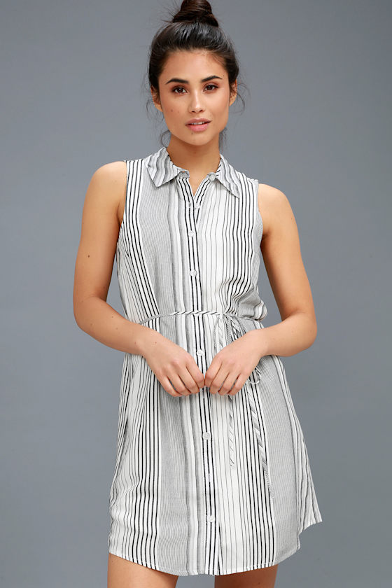 Moss Black and White Striped Sleeveless Shirt Dress 3