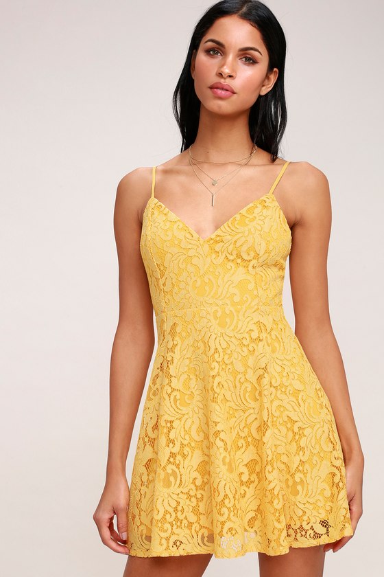 Cute Yellow Lace Skater Dress Yellow Lace Dress Lulus