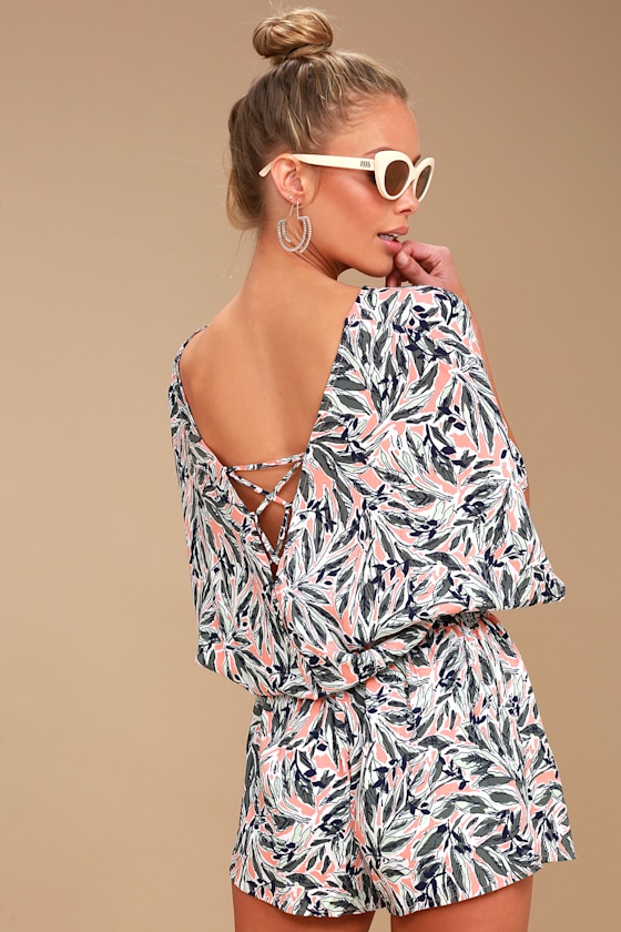Perla Grey Leaf Print Lace-Up Romper 3