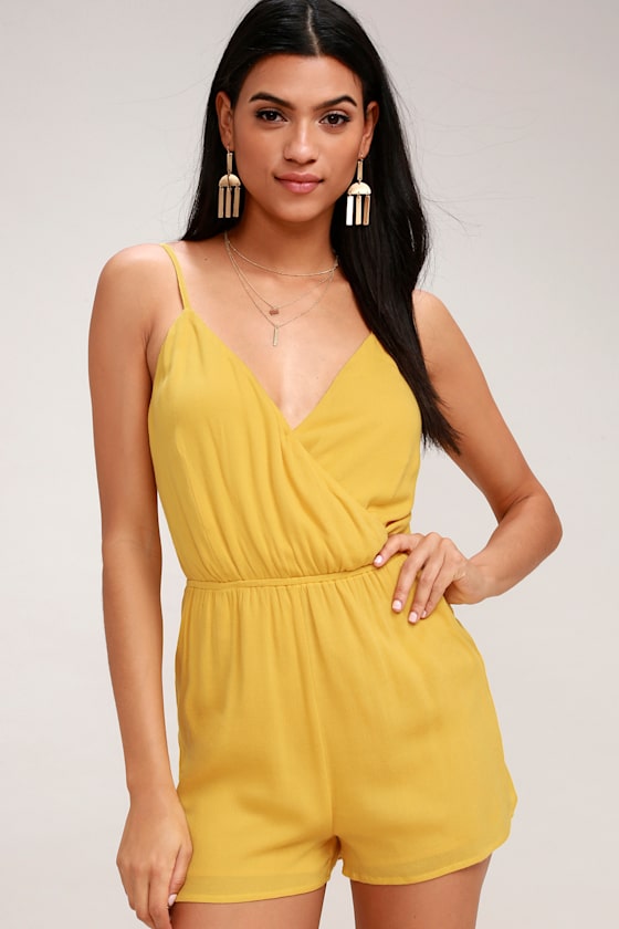 Stylish Romper Surplice Romper Mustard Yellow Romper Lulus