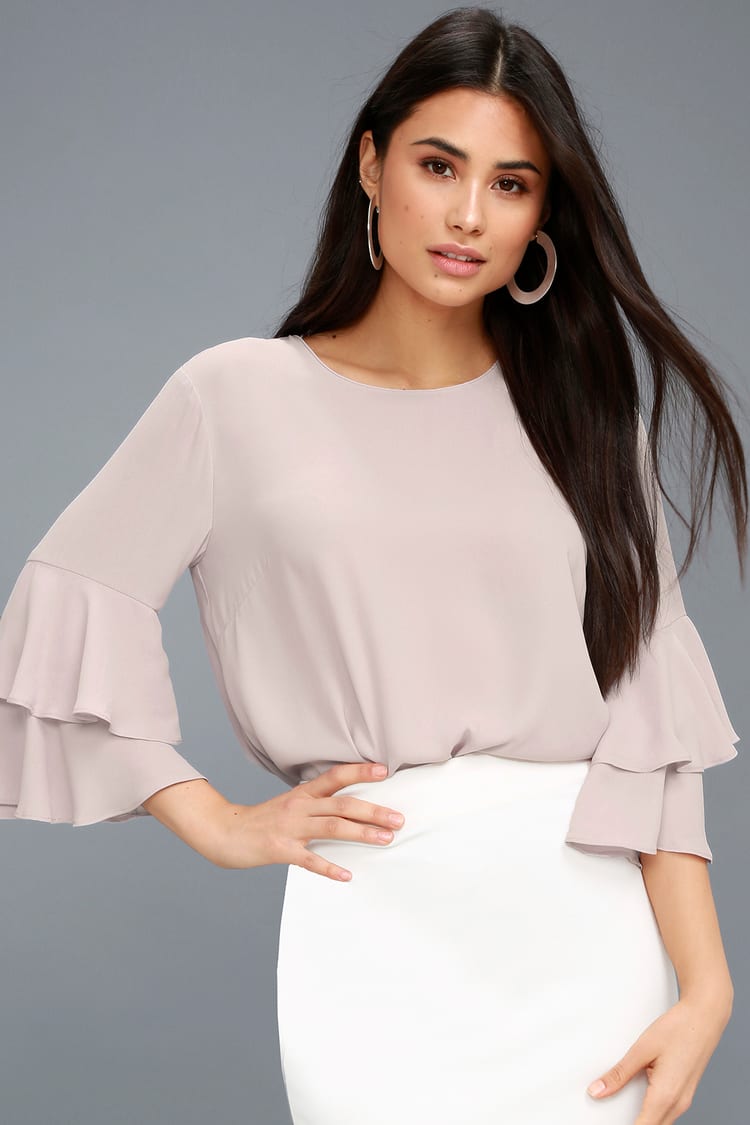 Chic Flounce Sleeve Top - Office Top - Taupe Blouse - Lulus