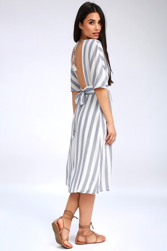 navy and white striped midi dress