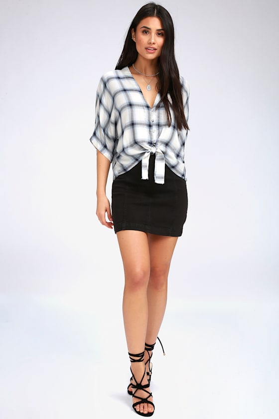 Plaid Girls Club Blue and White Plaid Tie-Front Top 2
