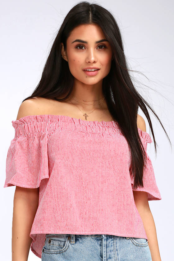 red and white striped off the shoulder top