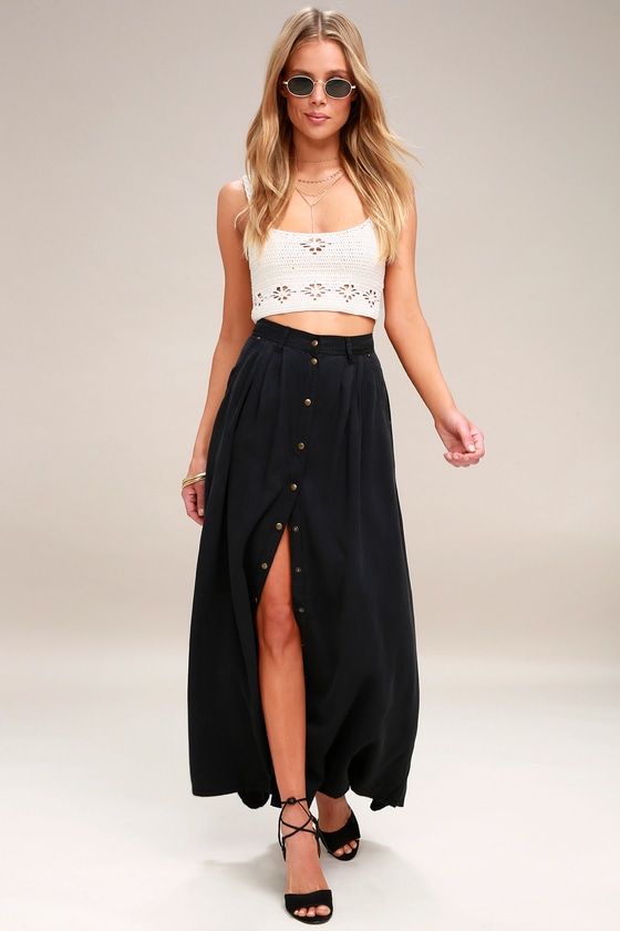 Cute Washed Black Skirt - Maxi Skirt - Button-Up Skirt - Lulus