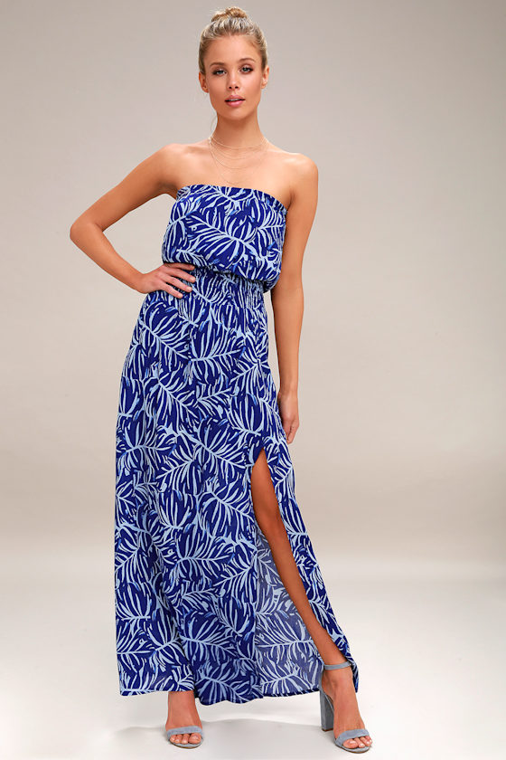 Granada Royal Blue Leaf Print Strapless Maxi Dress 1