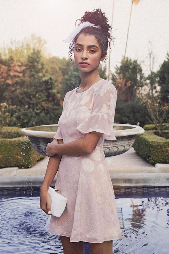 Luminous Love Mauve Pink Shell Print Flounce Sleeve Dress 5