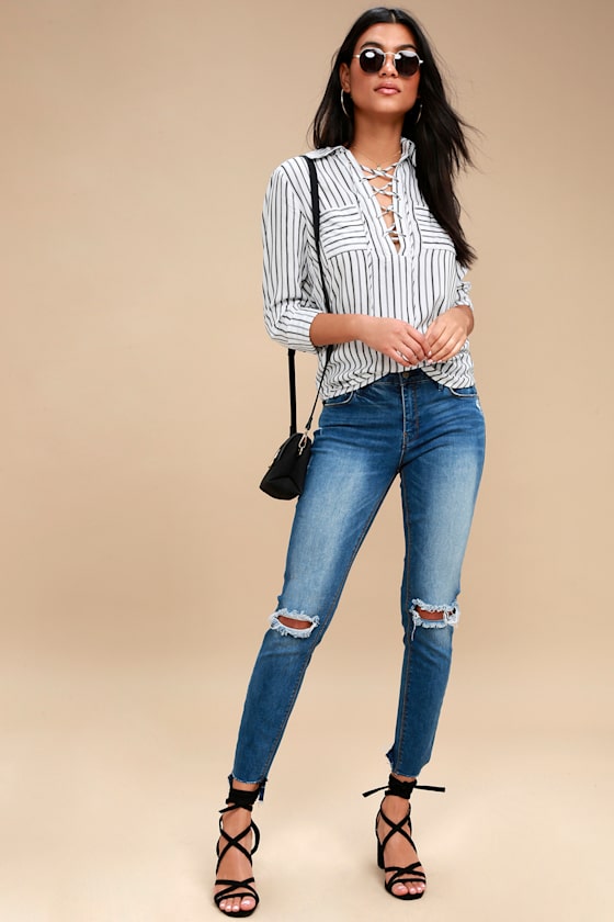 Stylistic Reins Black and White Striped Long Sleeve Lace-Up Top 2