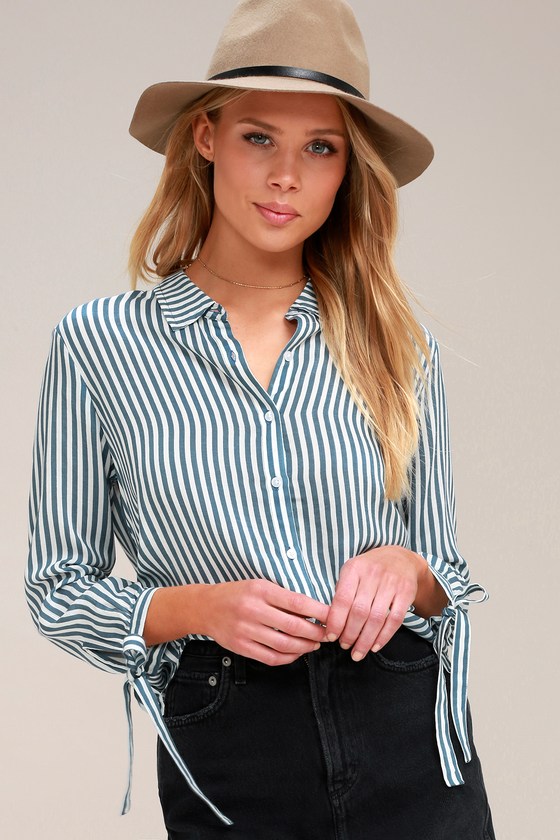 Sail Away Blue and White Striped Button-Up Top