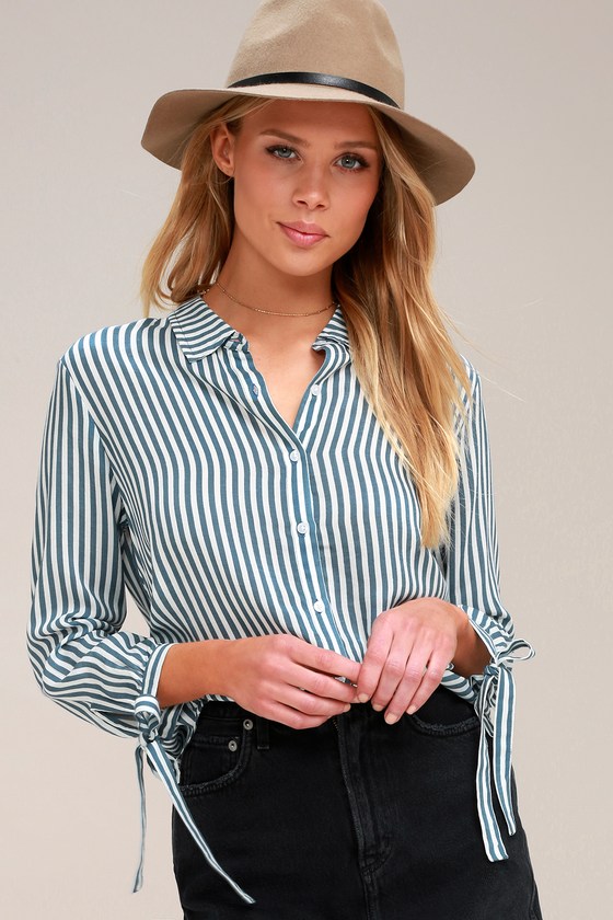 blue and white striped button up