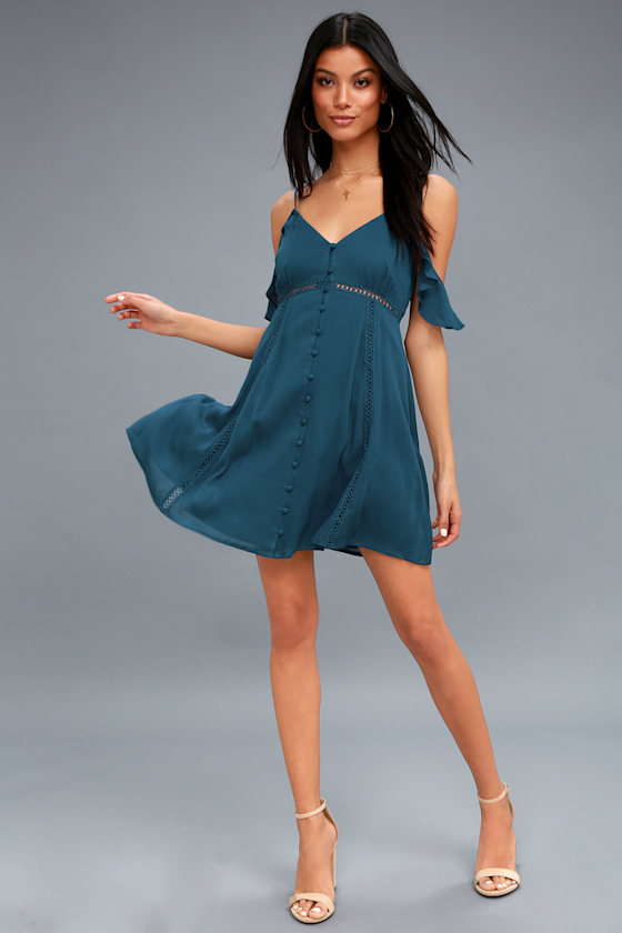 Percy Teal Blue Off-the-Shoulder Button-Up Dress 2